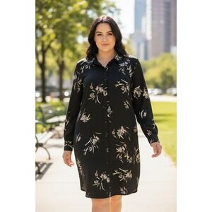 A New Day Shirt Dress XXL Floral Print Long Sleeve Black Button Down